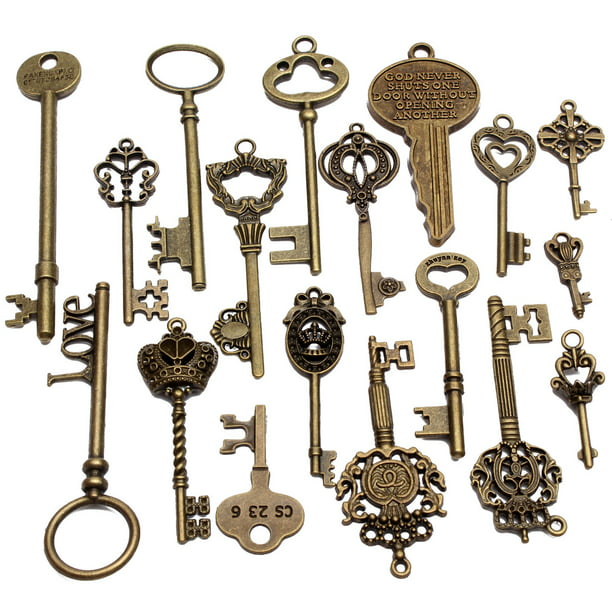 18 Different Vintage Skeleton Keys Charm Set in Antique Bronze Pack of 18 Keys